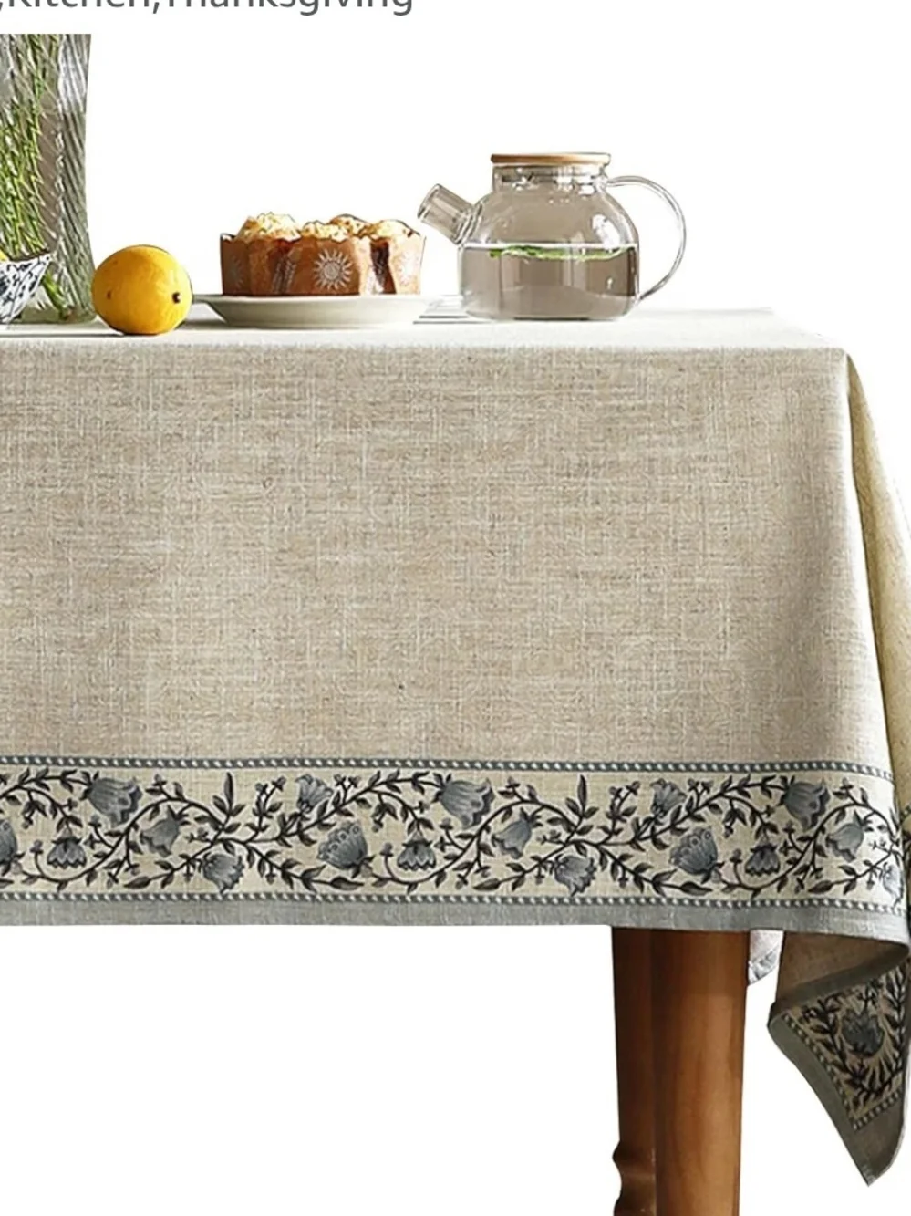 Neutral Designer Linen-Look Tablecloth with Floral Border 71 X 55